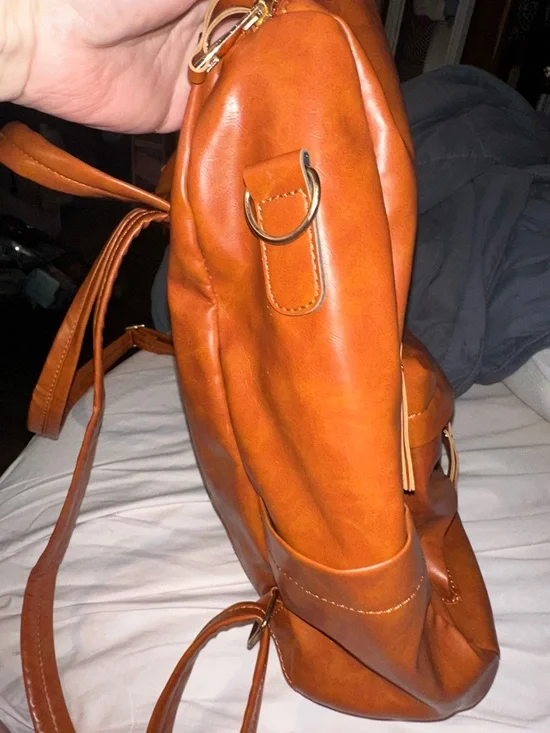 NWOT Amazon Cognac Brown Women’s Leather-Effect Backpack lots of pockets - Picture 8 of 11